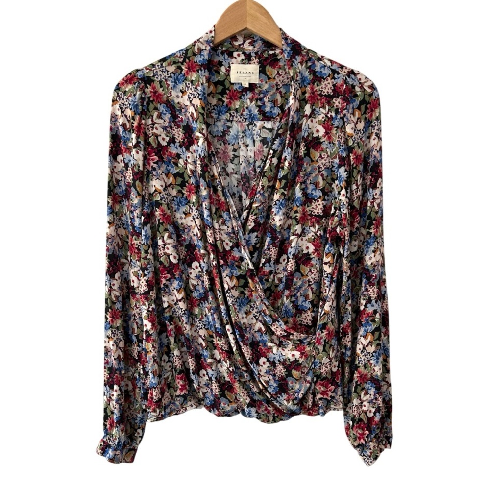 Sezane Floral Draped Front Blouse in Multicolor